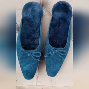 Teal faux suede slip on mules